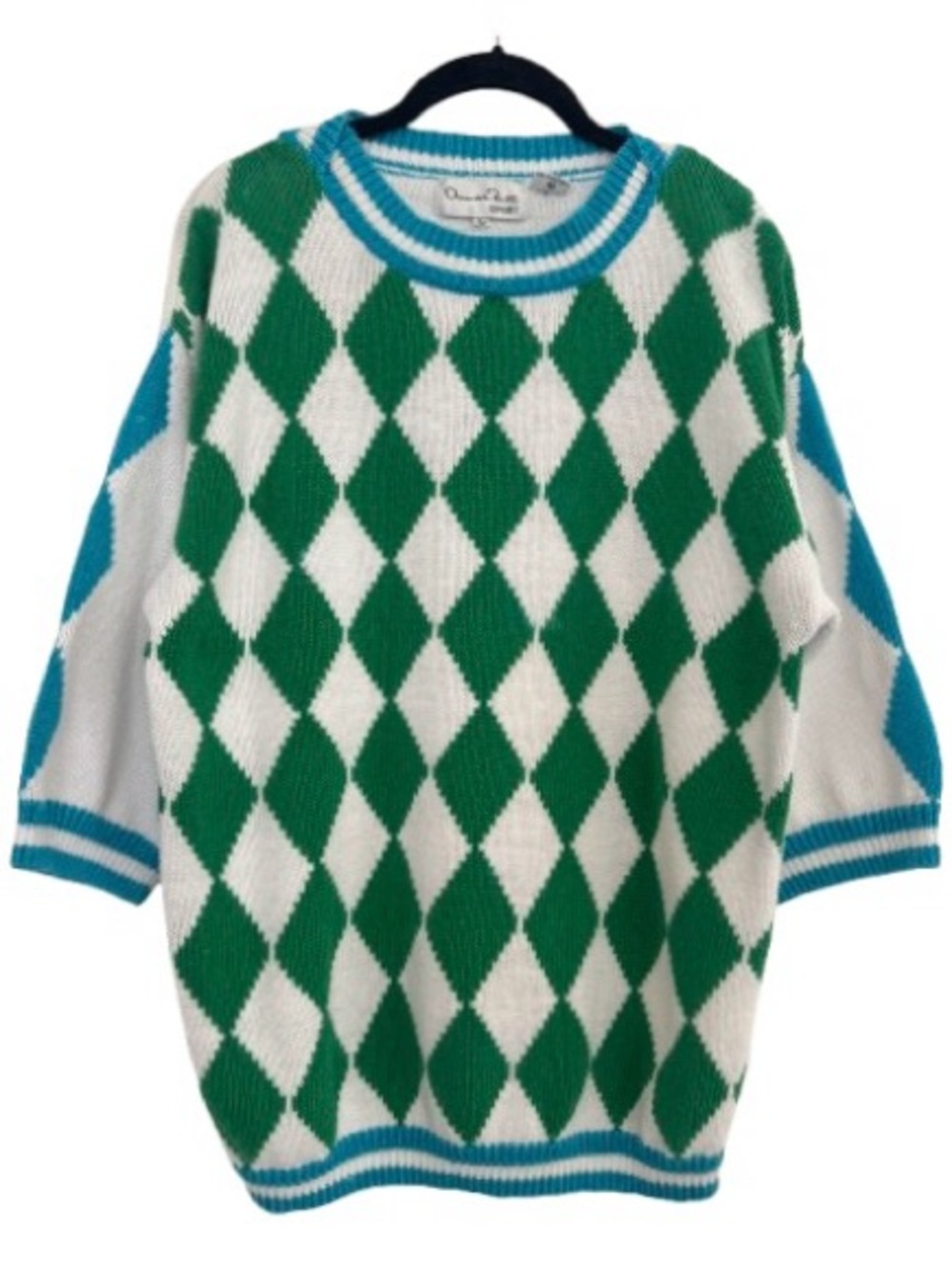 Oscar de la Renta Sport Argyle 3/4 Sleeve Pullover Crewneck Sweater Ramie Cotton